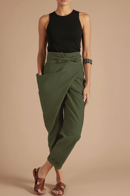 Pantalon Fluide Vert Kaki Ample Décontracté Ceinturé - Lin