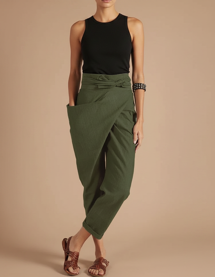 Pantalon Fluide Vert Kaki Ample Décontracté Ceinturé - Lin