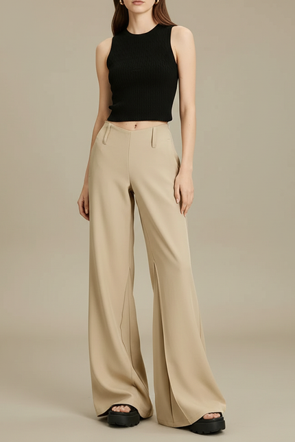 Pantalon Fluide Beige Large Taille Haute Élégant Décontracté - Polyester