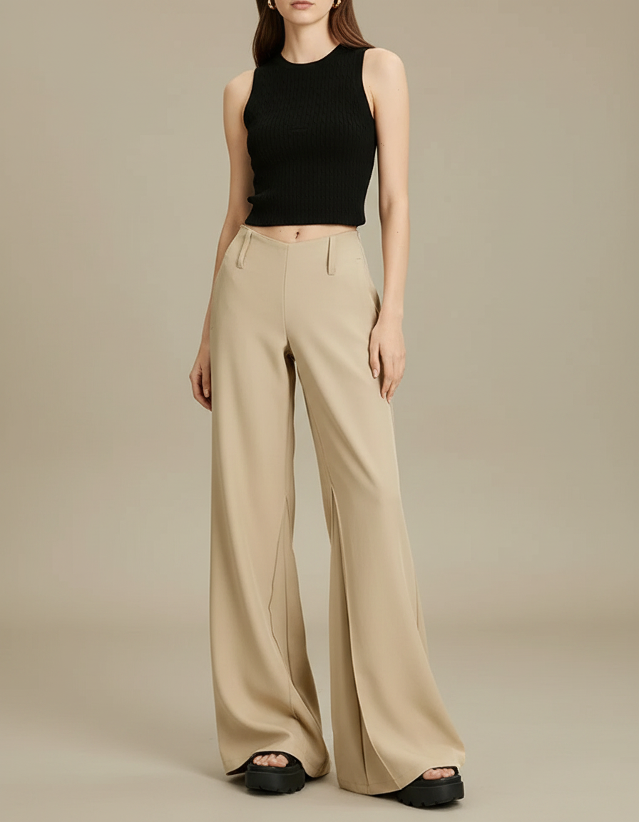 Pantalon Fluide Beige Large Taille Haute Élégant Décontracté - Polyester