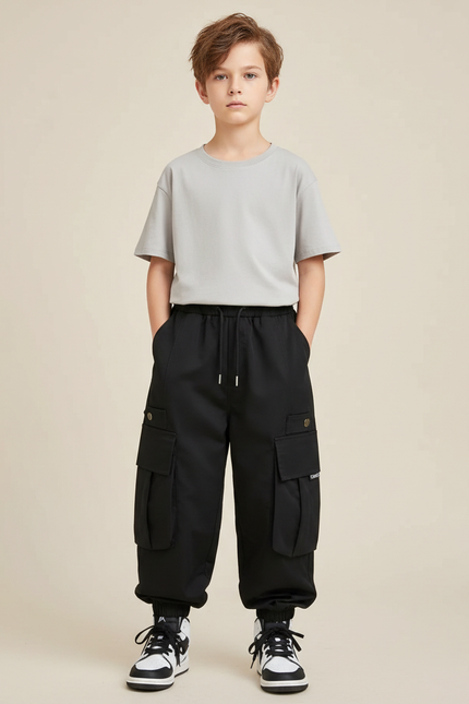 Pantalon Fluide Noir Cargo Garçon Décontracté Sport - Polyester