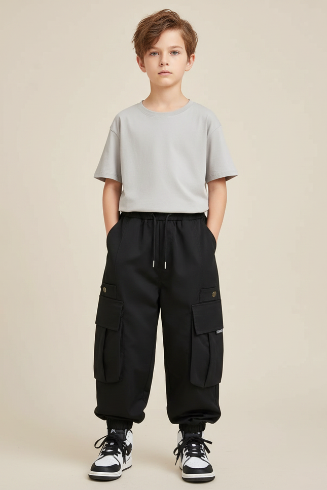 Pantalon Fluide Noir Cargo Garçon Décontracté Sport - Polyester