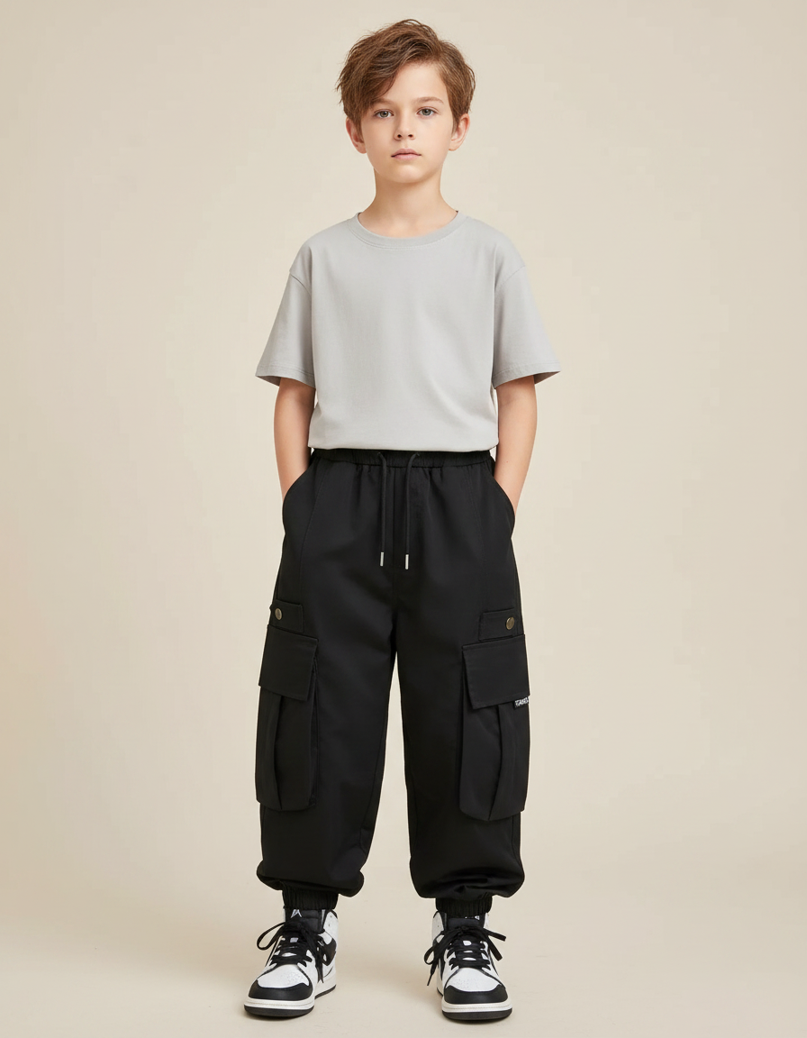 Pantalon Fluide Noir Cargo Garçon Décontracté Sport - Polyester