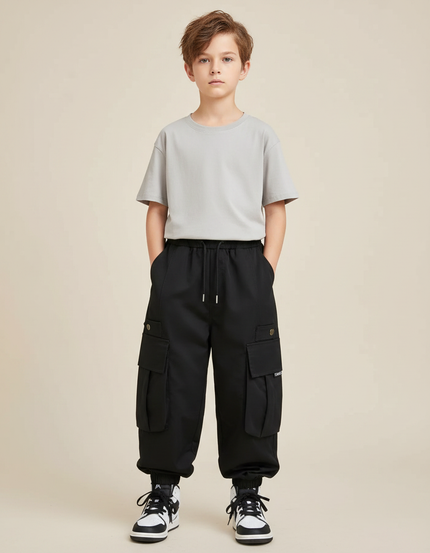Pantalon Fluide Noir Cargo Garçon Décontracté Sport - Polyester