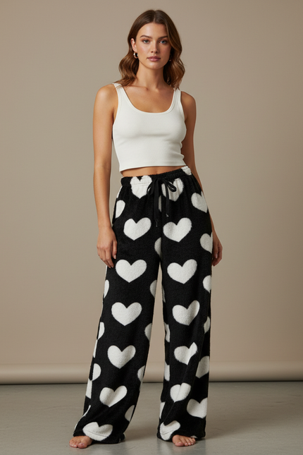 Pantalon Fluide Noir Cœurs Blancs Doux Confortable - Molleton
