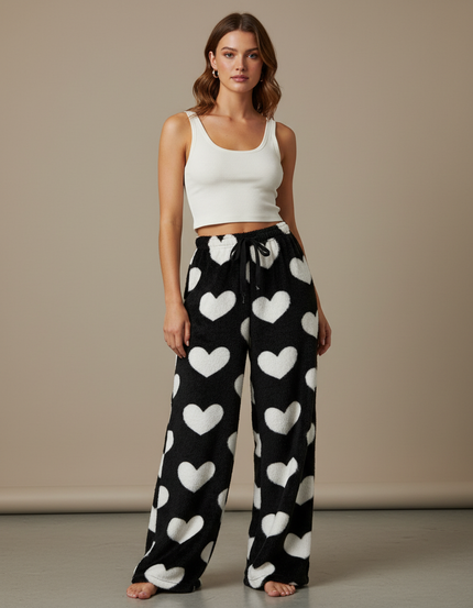 Pantalon Fluide Noir Cœurs Blancs Doux Confortable - Molleton
