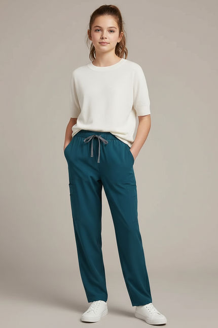 Pantalon Fluide Vert Canard Cargo Décontracté Cordon - Polyester