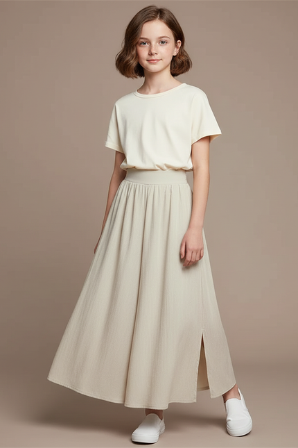 Pantalon Fluide Beige Ample Coton Fendu Décontracté
