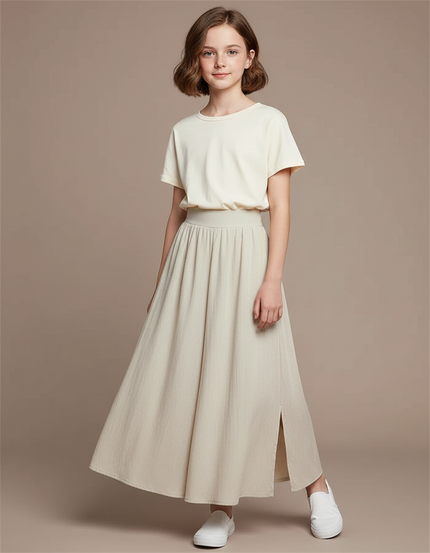 Pantalon Fluide Beige Ample Coton Fendu Décontracté