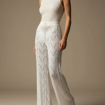 Pantalon Fluide Blanc Tricoté Évasé Creux Élégant - Maille