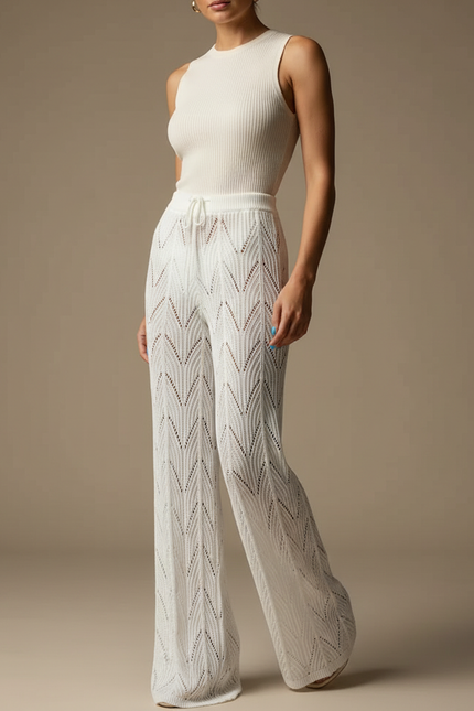 Pantalon Fluide Blanc Tricoté Évasé Creux Élégant - Maille