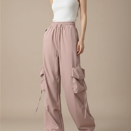 Pantalon Fluide Cargo Rose Ample Taille Haute - Polyester