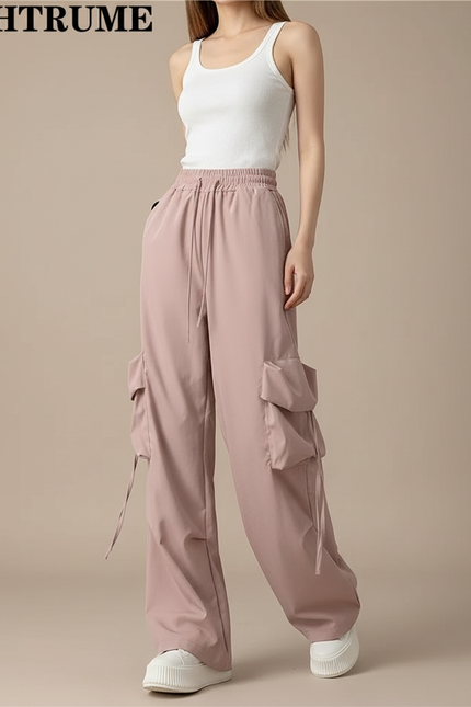 Pantalon Fluide Cargo Rose Ample Taille Haute - Polyester