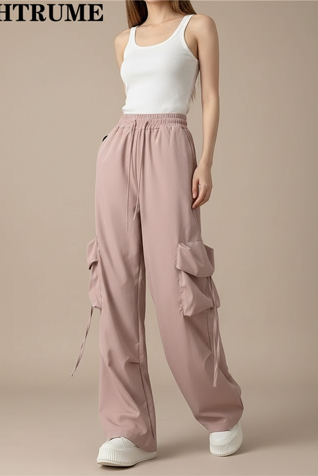 Pantalon Fluide Cargo Rose Ample Taille Haute - Polyester