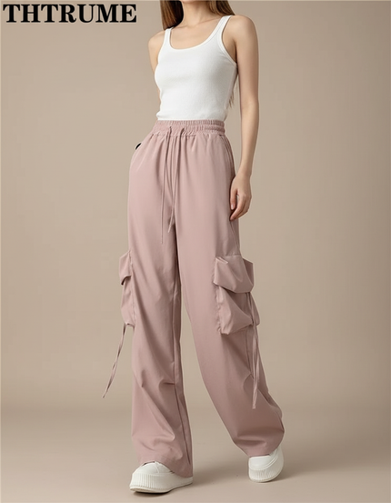 Pantalon Fluide Cargo Rose Ample Taille Haute - Polyester