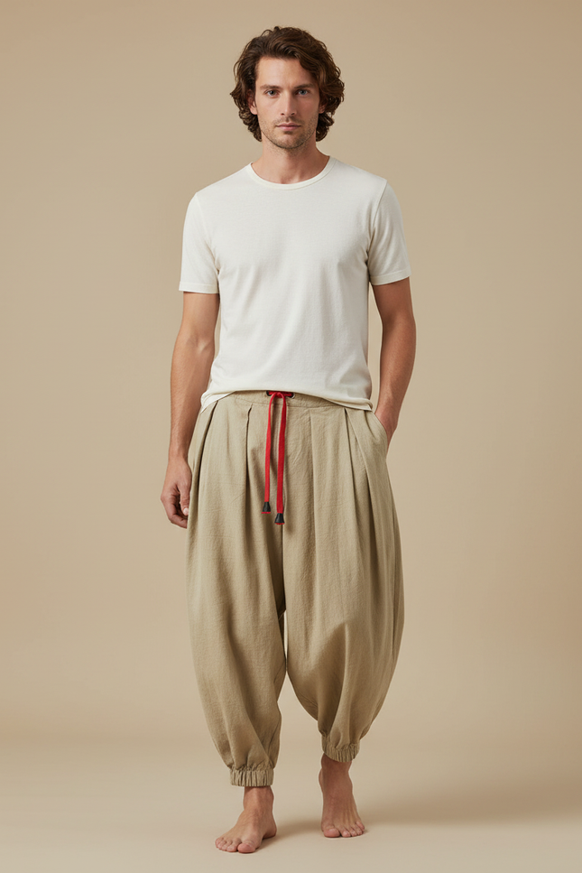 Pantalon Fluide Beige Lin Ample Plissé Harem Homme