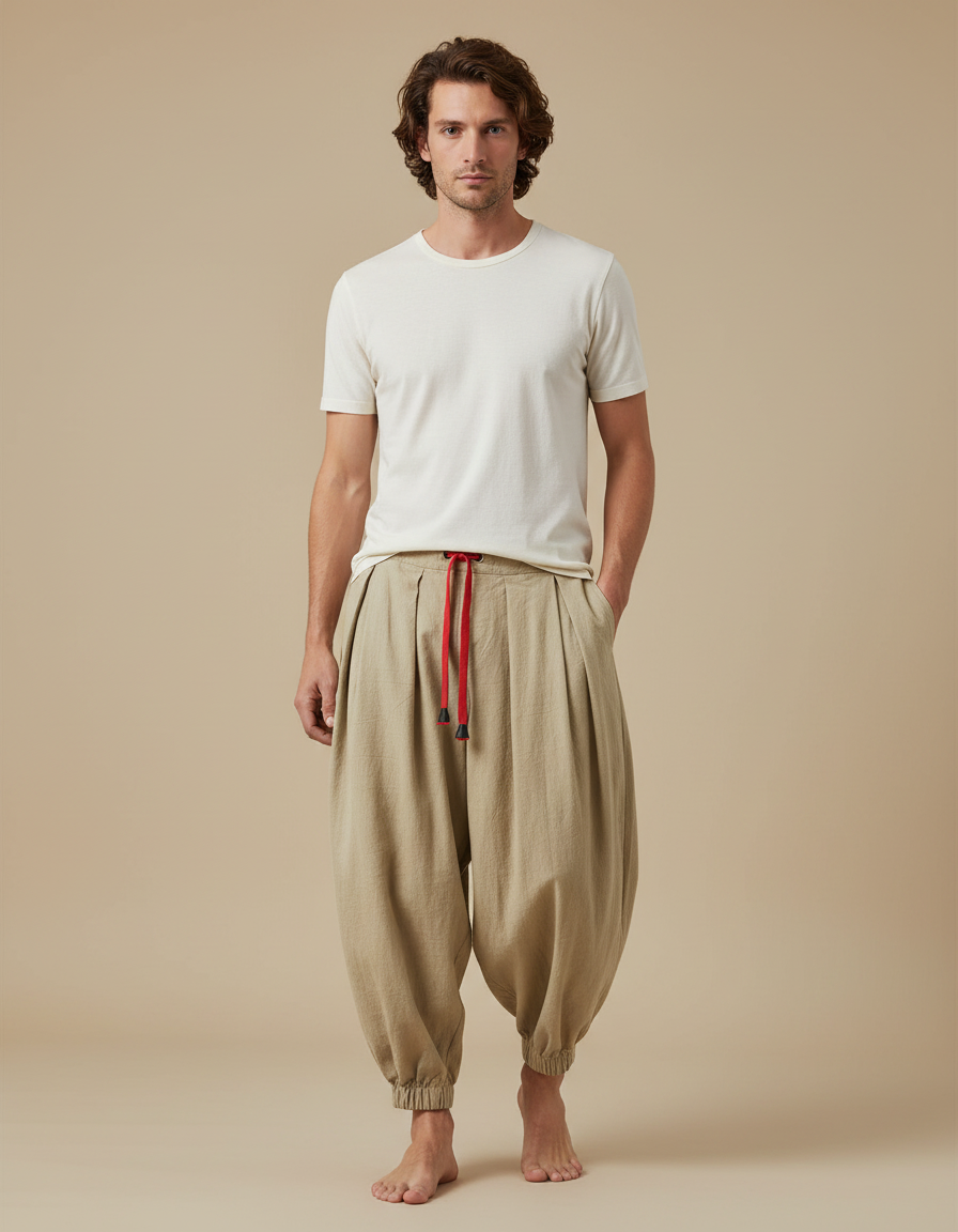 Pantalon Fluide Beige Lin Ample Plissé Harem Homme