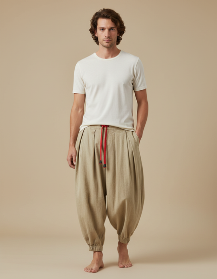 Pantalon Fluide Beige Lin Ample Plissé Harem Homme
