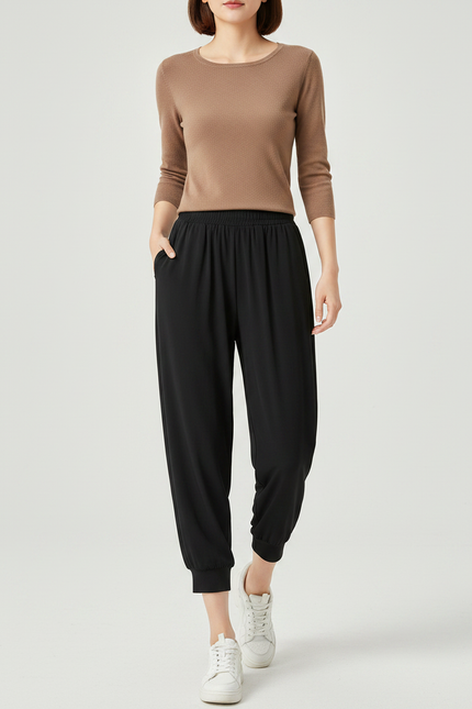 Pantalon Fluide Noir Ample Confortable Sportif Élastique - Viscose