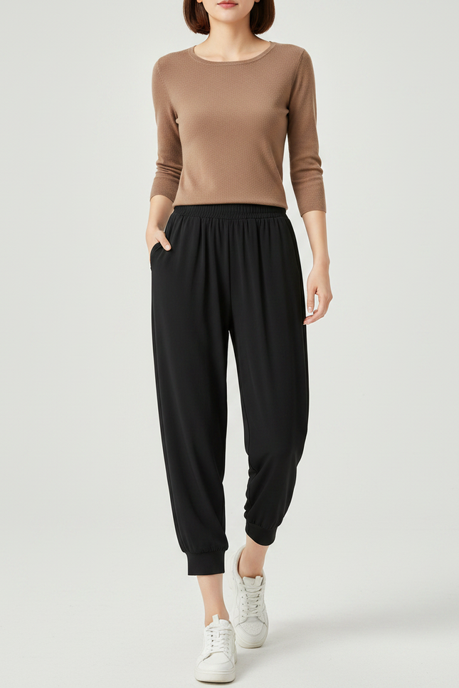 Pantalon Fluide Noir Ample Confortable Sportif Élastique - Viscose