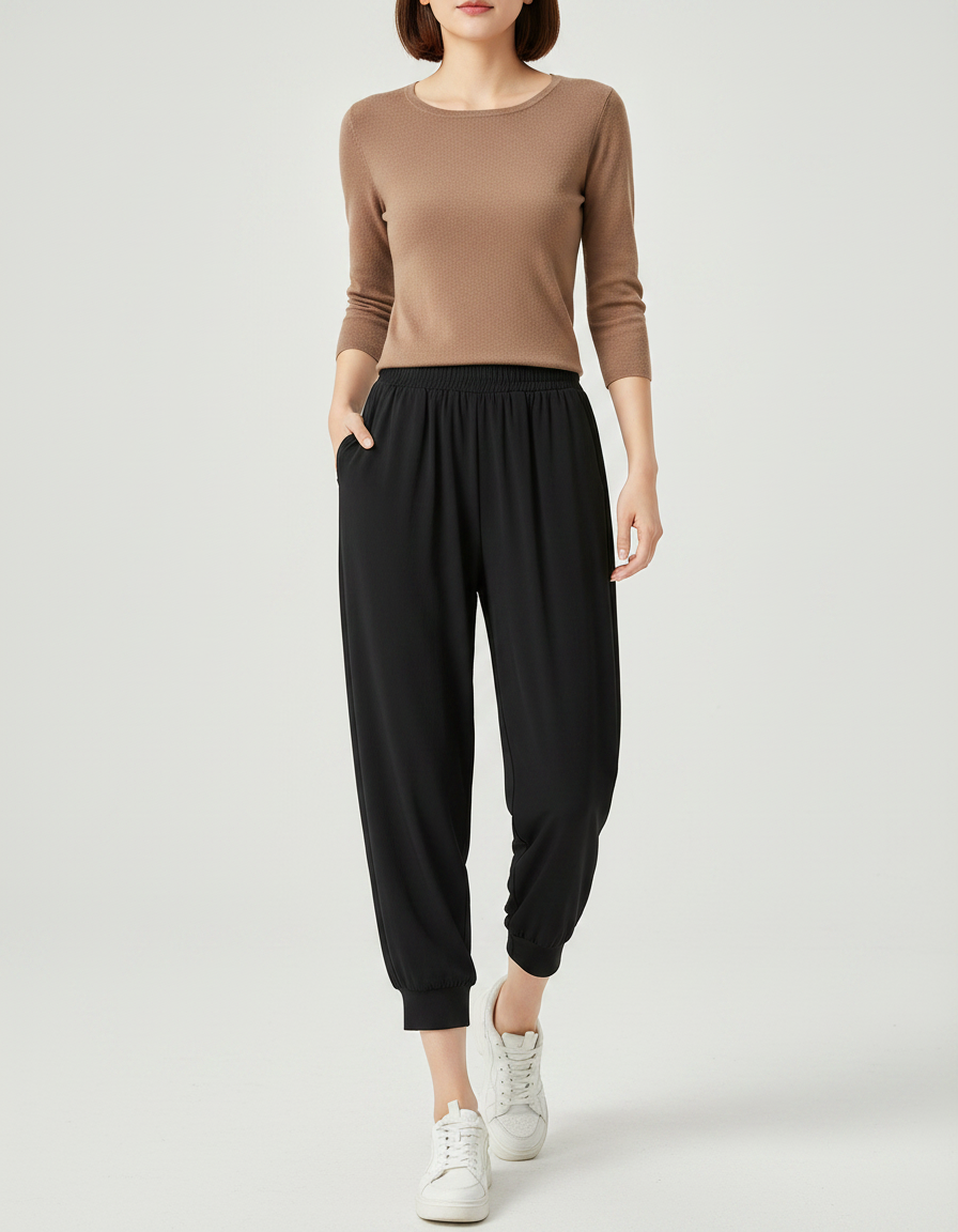 Pantalon Fluide Noir Ample Confortable Sportif Élastique - Viscose