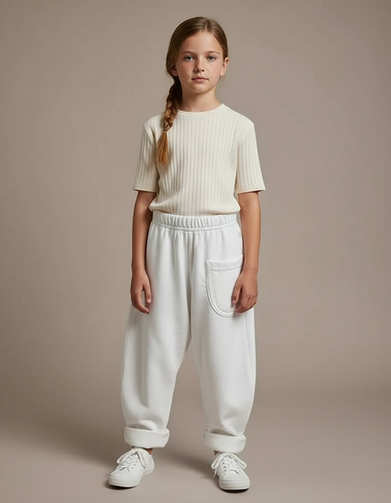 Pantalon Fluide Blanc Ample Molletonné Confortable Enfant