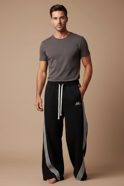 Pantalon Fluide Noir Ample Rayures Blanches Sport - Molleton