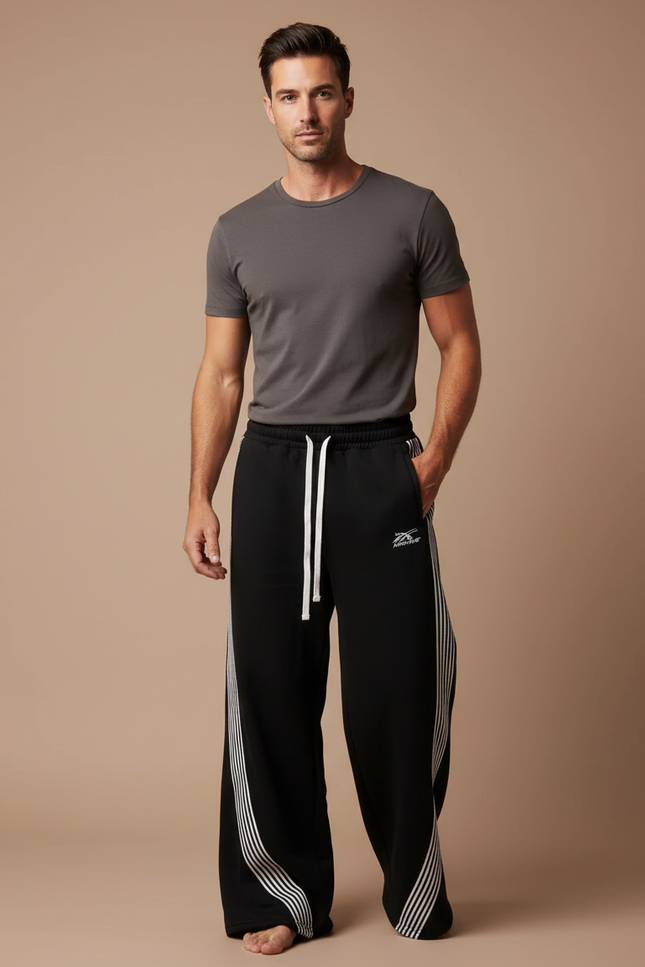 Pantalon Fluide Noir Ample Rayures Blanches Sport - Molleton