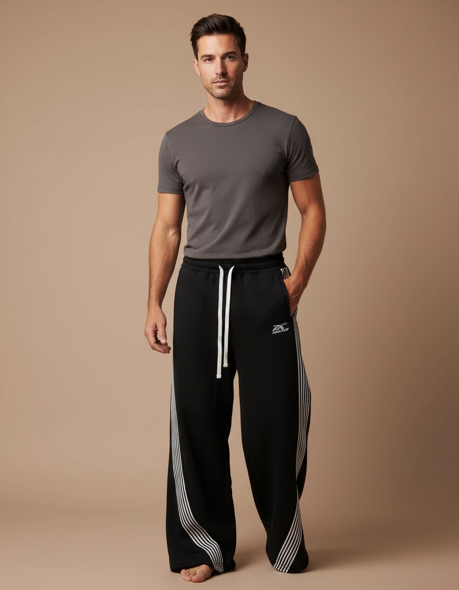 Pantalon Fluide Noir Ample Rayures Blanches Sport - Molleton