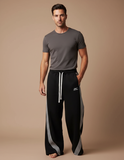 Pantalon Fluide Noir Ample Rayures Blanches Sport - Molleton