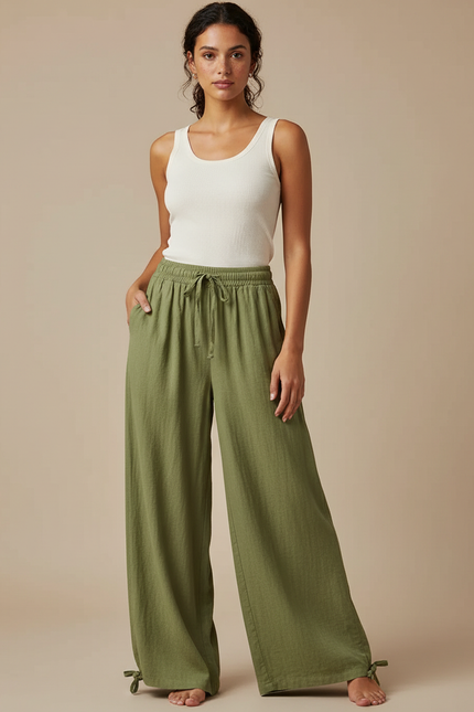 Pantalon Fluide Kaki Ample Coton Lin Femme Cordon