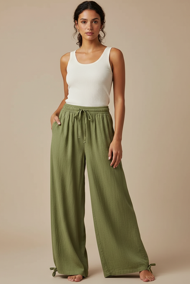 Pantalon Fluide Kaki Ample Coton Lin Femme Cordon