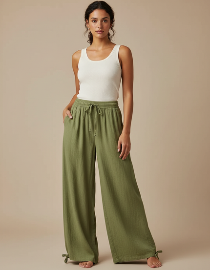 Pantalon Fluide Kaki Ample Coton Lin Femme Cordon