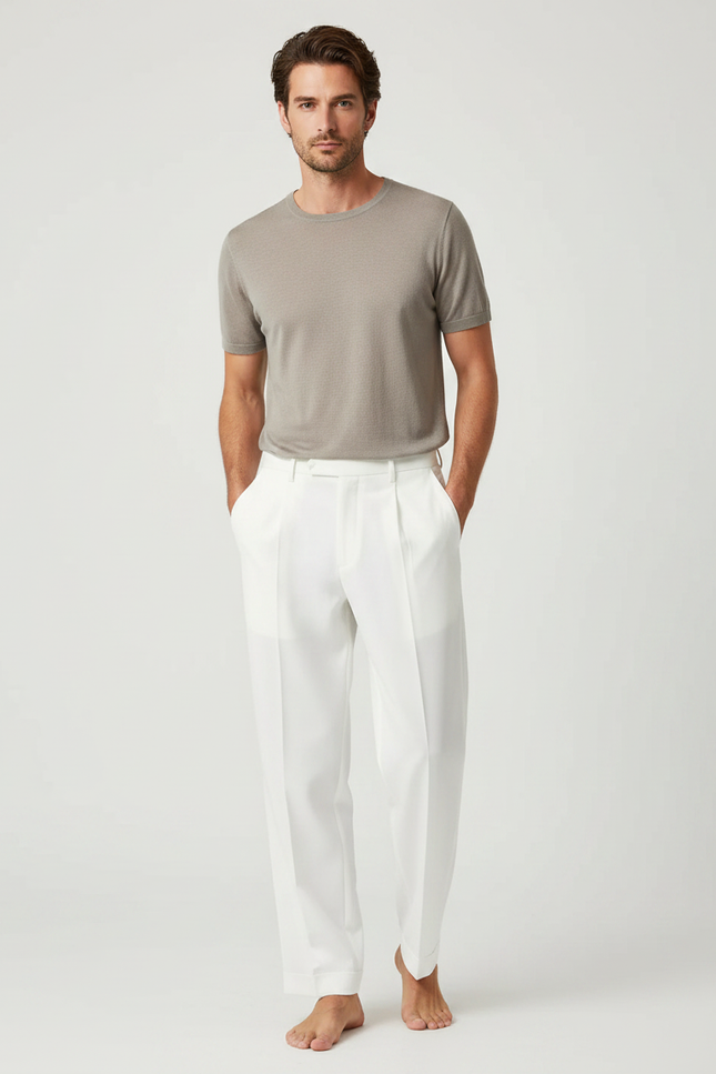 Pantalon Fluide Blanc Plissé Droit Élégant Homme - Lin