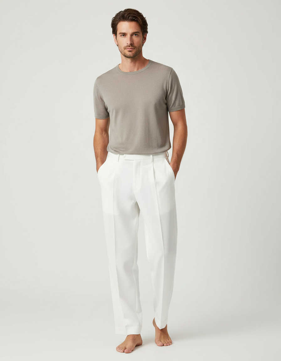 Pantalon Fluide Blanc Plissé Droit Élégant Homme - Lin