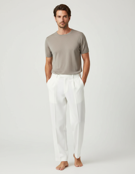 Pantalon Fluide Blanc Plissé Droit Élégant Homme - Lin