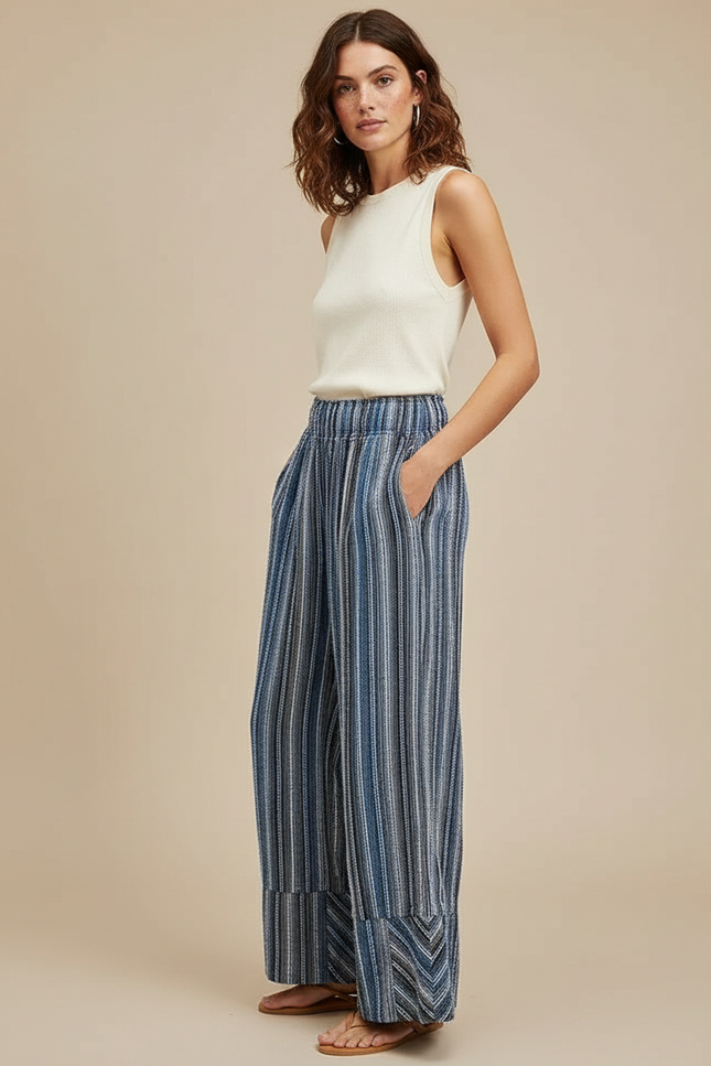 Pantalon Fluide Rayé Bleu Ample Décontracté Femmes - Maille