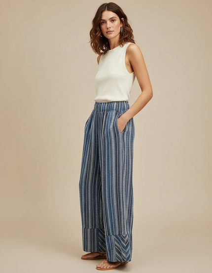 Pantalon Fluide Rayé Bleu Ample Décontracté Femmes - Maille