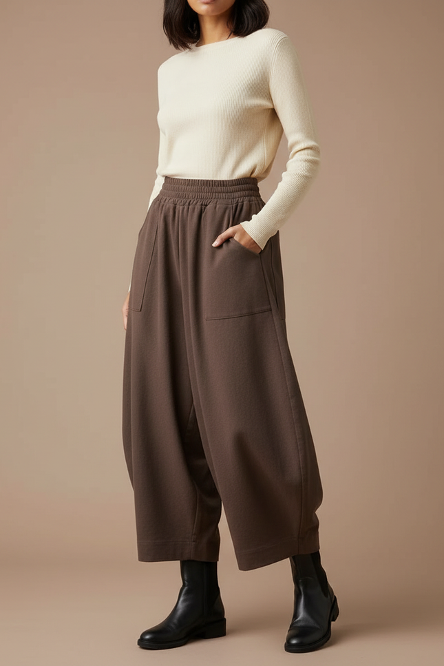 Pantalon Fluide Marron Ample Coton Décontracté Harem - Molleton