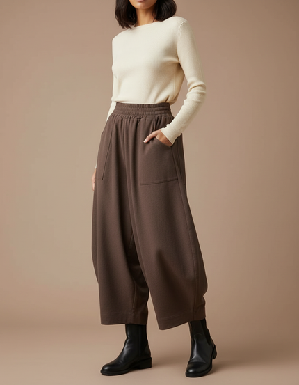 Pantalon Fluide Marron Ample Coton Décontracté Harem - Molleton