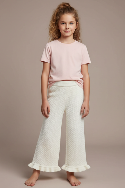 Pantalon Fluide Blanc Ample Tricoté Hiver Enfant - Maille