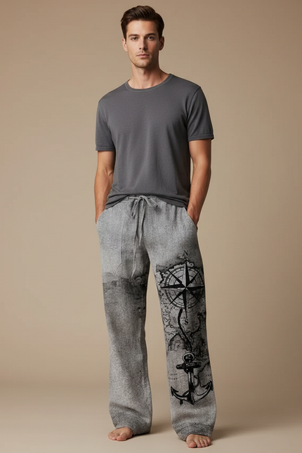 Pantalon Fluide Gris Ample Imprimé Boussole Ancre Décontracté - Molleton