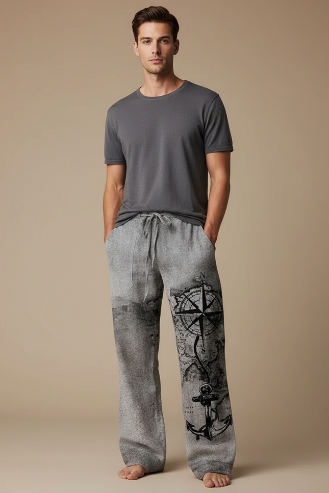 Pantalon Fluide Gris Ample Imprimé Boussole Ancre Décontracté - Molleton