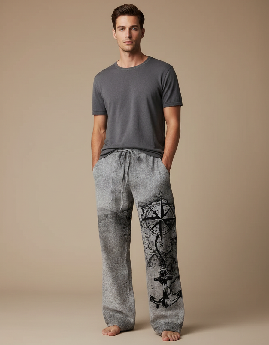 Pantalon Fluide Gris Ample Imprimé Boussole Ancre Décontracté - Molleton