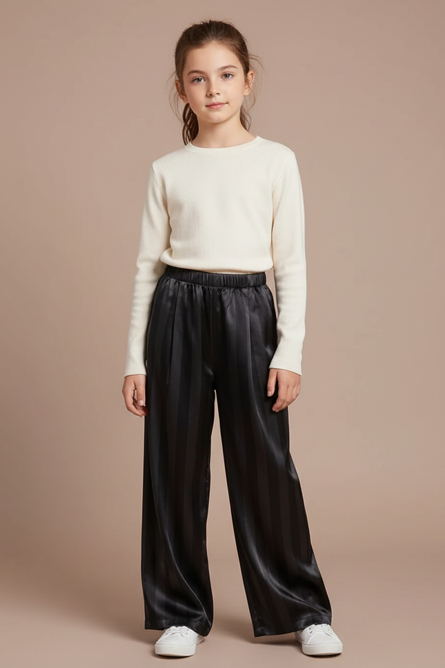 Pantalon Fluide Noir Rayé Satiné Ample Fille