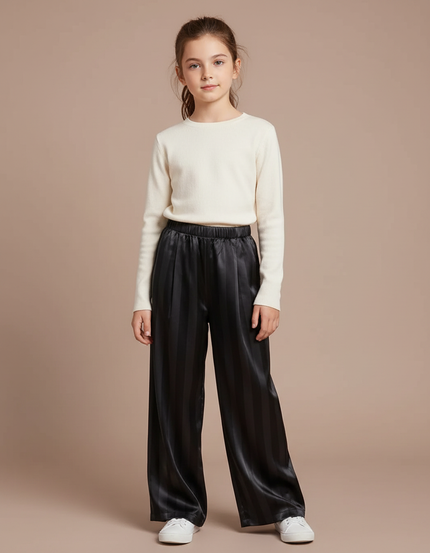 Pantalon Fluide Noir Rayé Satiné Ample Fille