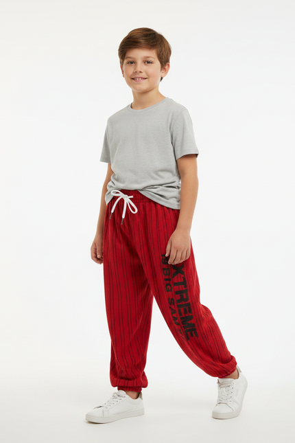 Pantalon Fluide Rouge Rayé Ample Décontracté Enfant - Molleton