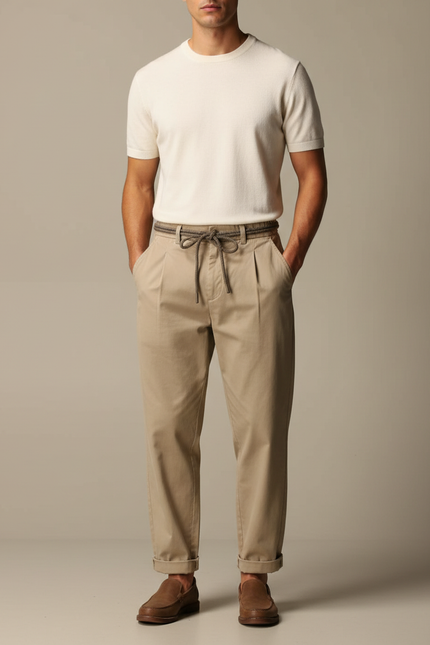 Pantalon Fluide Beige Coton Décontracté Ceinture Cordon