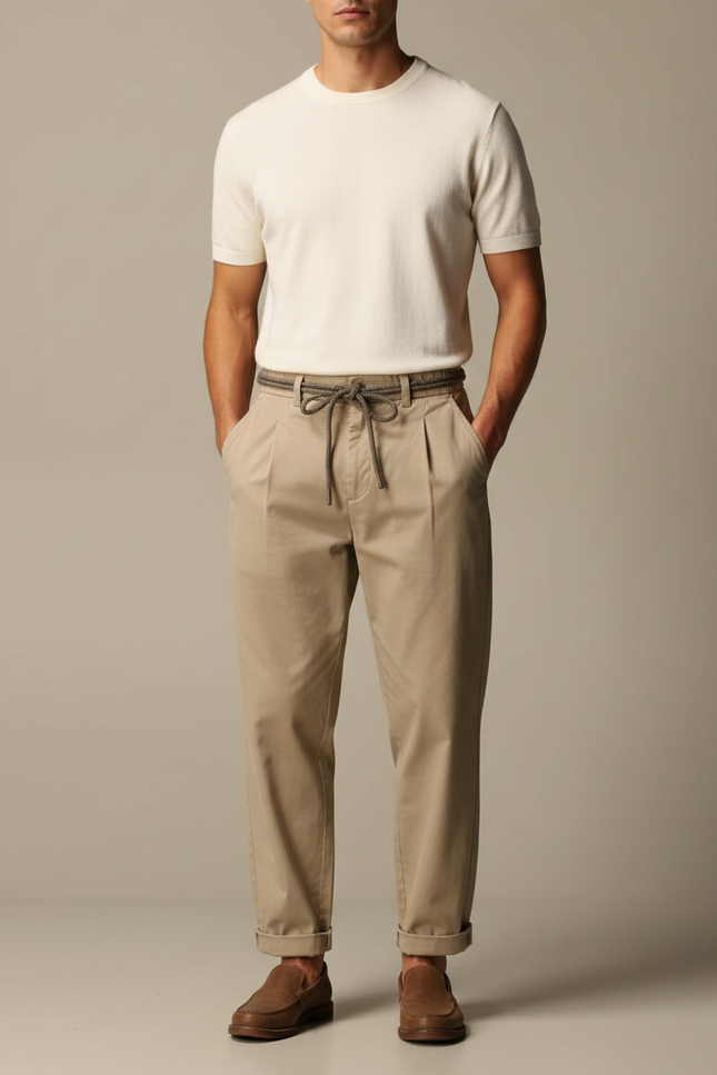 Pantalon Fluide Beige Coton Décontracté Ceinture Cordon