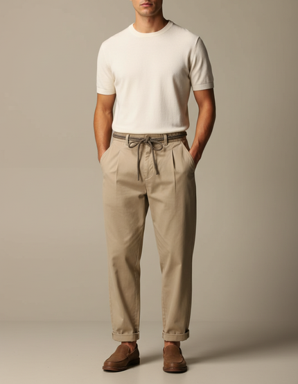 Pantalon Fluide Beige Coton Décontracté Ceinture Cordon